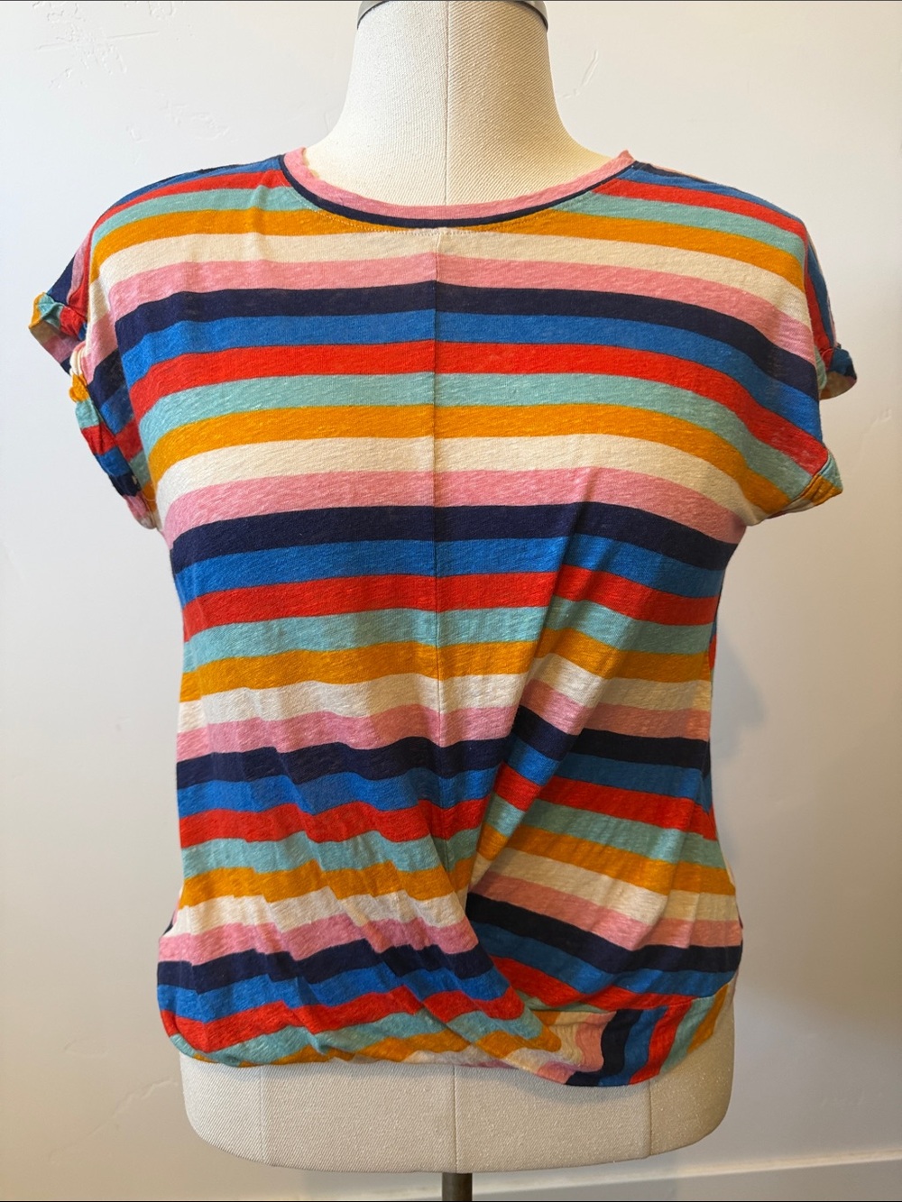 Loft 100% Linen Medium Multicolor Striped Short Sleeve Women's Top